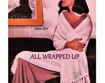 Digital Download Knitted Fringed Shawl Pattern- Instant PDF Beautiful Retro Generous Length Knit Wrap - Knitting Supplies Knitting Patterns