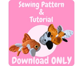 May include: Sewing pattern and tutorial for making two plush goldfish toys. The pattern includes instructions for creating a goldfish with orange, white, and black fabric and a goldfish with orange, white, and brown fabric. Download only.