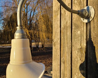 Relektrik™ Vintage 8" White Porcelain Sign Shade Gooseneck Wall Light Gas Station Industrial Farm Barn Authentic Antique