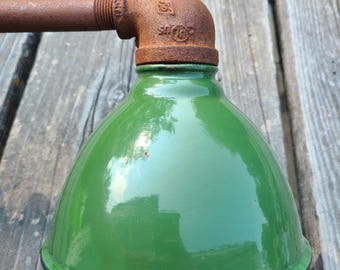Relektrik™ Rustic 7" GREEN Deep Dome Porcelain Shade Rusty Arm Wall Light Barn Gas Station Industrial Farm Authentic Antique
