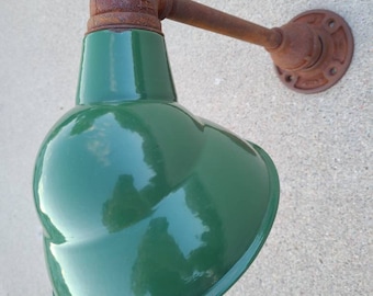 Relektrik™ Rustic 8" GREEN Emblem Porcelain Shade Rusty Arm Wall Light Barn Gas Station Industrial Farm Authentic Antique