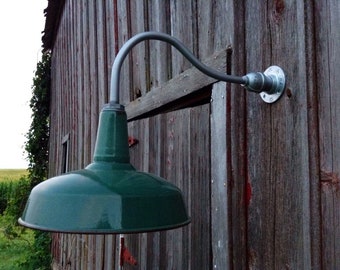 Relektrik™ Vintage 16" GREEN Dome Shade Porcelain Gooseneck Wall Light Barn Gas Station Farm Industrial Authentic Antique