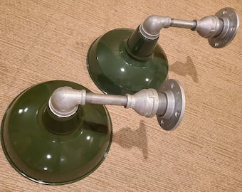 Relektrik™ Vintage (Qty=2) Ø12" Round Dome Green Porcelain Shade Barn Wall Light Fixture Gas Station Industrial Farm Authentic Antique