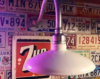 Relektrik™ Vintage 10" White Porcelain Shade Gooseneck Wall Light Gas Station Industrial Farm Barn Authentic Antique