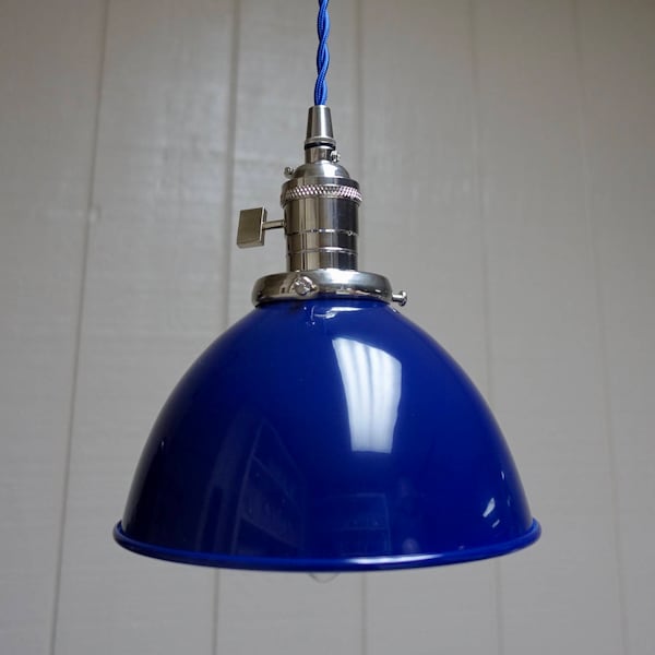 Blue Porcelain Enamel Shade: 7" Industrial Metal Dome - Top Quality Supplies For Your Handmade Lighting, Lamps, Pendants etc