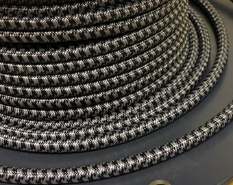 6 Feet Black & Gray Cloth Covered 3-Wire Round Cord, Vintage Style Fabric Lamp Pulley Cord, For Hanging Pendants, Fans, Antique Lamps, etc