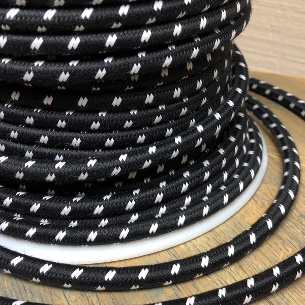 6 Feet: Black w/ White Double Stitch Tracer Cloth Covered 3-Wire Round Cord, Vintage Style Fabric Lamp Pulley Cord, For Hanging Pendants etc