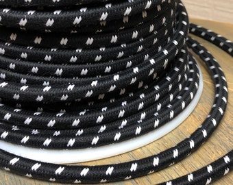 6 Feet: Black w/ White Double Stitch Tracer Cloth Covered 3-Wire Round Cord, Vintage Style Fabric Lamp Pulley Cord, For Hanging Pendants etc