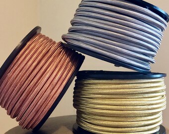 20 Feet: Metal Braided 3-Wire Round Cord, Vintage Industrial Style Lamp Cord, For Hanging Pendants, Fans, Antiques. Brass, Copper or Steel