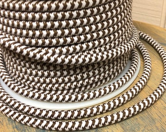 6 Feet Brown & White Houndstooth Cloth Covered 3-Wire Round Cord- Cotton Fabric Cable, Vintage Style Fabric Lamp Pulley Cord, electric flex