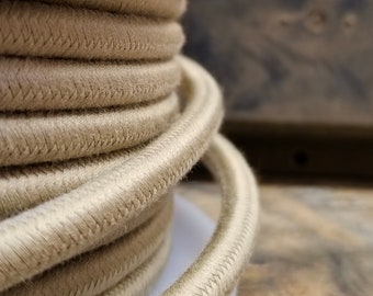 6 Feet: Tan Cotton Cloth Covered 3-Wire Round Cord, Vintage Style Fabric Lamp Pulley Cord, For Hanging Pendants, Trouble Lights etc