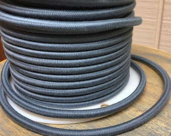 6 Feet: Slate Blue Cloth Covered 3-Wire Round Cord, Vintage Style Fabric Lamp Pulley Cord, For Hanging Pendants, Trouble Lights etc