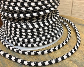 6 Feet Black & White Cloth Covered 3-Wire Round Cord, Large Houndstooth pattern - Vintage Style Fabric Lamp Pulley Cord, electrical cable