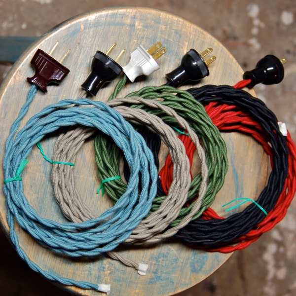 8 Foot Cloth Wire w/ Plug Attached, 26 Color Options, Twisted Cord, Vintage Re-Wire Kit, Lamp Electrical Cord, light socket wire