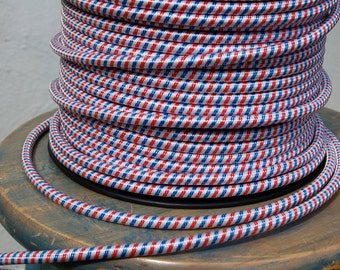 6 Feet Red, White & Blue Cloth Covered 3-Wire Round Cord, Vintage Style Fabric Lamp Pulley Cord, For Hanging Pendants, Fans, Antique Lamps,