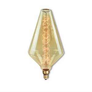 May include: A decorative, teardrop-shaped light bulb with a warm amber glass. The bulb features a long, spiral filament and a brass base. The design is vintage-inspired, suitable for home decor.