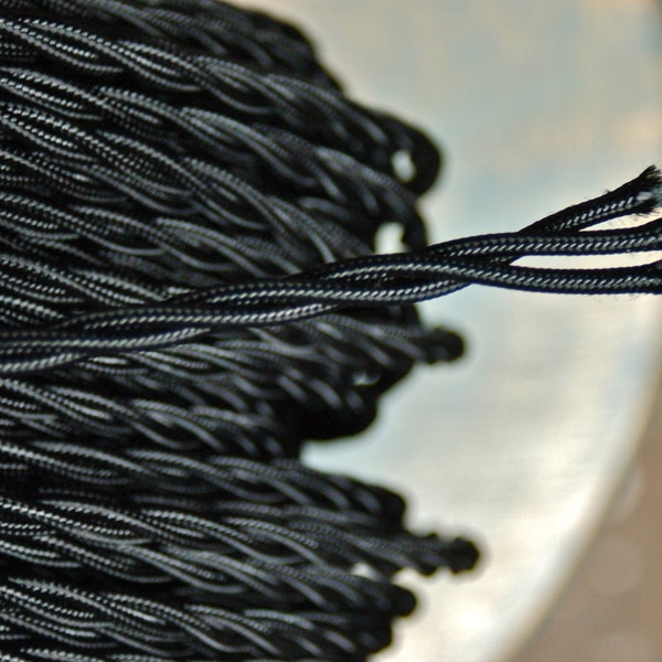 6 Feet: Black Cloth Covered 3-Wire Twisted Cord, Vintage Style Rayon Fabric Lamp Pulley Cord, For Hanging Pendants, Trouble Lights etc