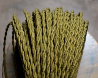 6 Feet: Olive Cotton Twisted Cloth Covered Wire, Vintage Style Cloth Lamp Cord, For Hanging Pendants, Trouble Lights etc