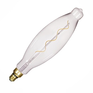 May include: A clear glass light bulb with a long, oval shape and a gold-colored filament in a spiral design. The bulb has a standard screw-in base.
