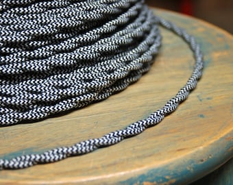 6 Feet: Cloth Covered Twisted Wire - Black/White Pattern, Vintage Style Fabric Lamp Cord, For Hanging Pendants, Trouble Lights etc