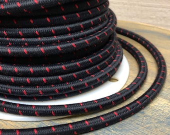 6 Feet: Black w/ Red Single Stitch Tracer Cloth Covered 3-Wire Round Cord, Vintage Style Fabric Lamp Pulley Cord, For Hanging Pendants etc