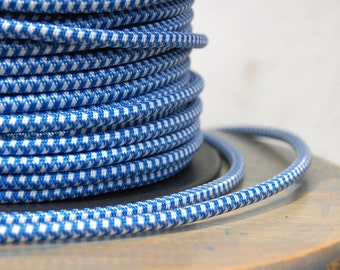 6 Feet Blue & White Cloth Covered 3-Wire Round Cord, Vintage Style Fabric Lamp Pulley Cord, For Hanging Pendants, Fans, Antique Lamps,