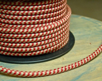 6 Feet: Red & Tan Houndstooth Cloth Covered 3-Wire Round Cord, Vintage Style Fabric Lamp Pulley Cord, For Hanging Pendants, Trouble Lights