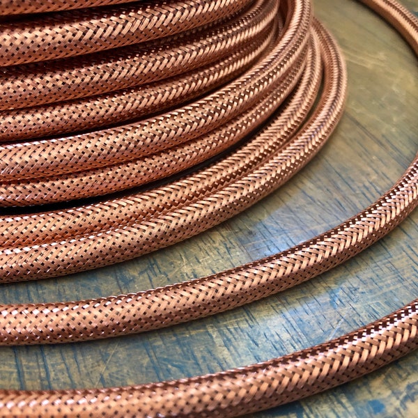 6 Feet Copper Metal Braided 3-Wire Round Cord, Vintage Style Fabric Lamp Pulley Cord, For Hanging Pendants, Fans, Antique Lamps,