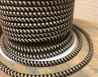 6 Feet Black & Tan Houndstooth Cloth Covered 3-Wire Round Cord- Cotton Fabric Cable, Vintage Style Fabric Lamp Pulley Cord, electric flex