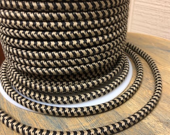 6 Feet Black & Tan Houndstooth Cloth Covered 2-Wire Round Cord- Cotton Fabric Cable, Vintage Style Fabric Lamp Pulley Cord, electric flex