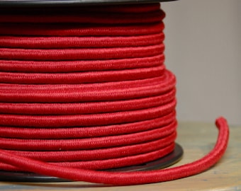 6 Feet: Red Cloth Covered 3-Wire Round Cord, Vintage Style Fabric Lamp Pulley Cord, For Hanging Pendants, Trouble Lights etc