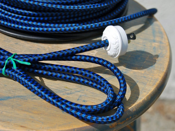6 Feet Black Blue Cloth Covered 3 wire Round Cord Vintage Style