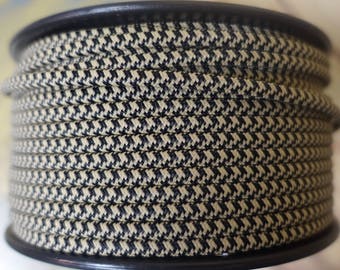 6 Feet: Black & Tan Houndstooth 2-Wire Cloth Covered Cord, Vintage Style Nylon Fabric Electrical Cord, For Lamps, Desk Fans, Radio rewiring