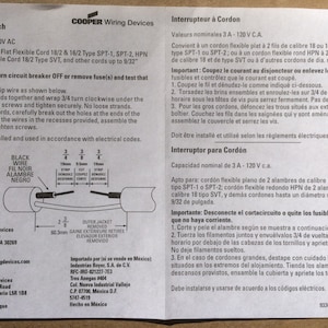 Puede incluir: Una hoja de instrucciones en blanco y negro para un interruptor de cord&oacute;n. La hoja incluye instrucciones en ingl&eacute;s, franc&eacute;s y espa&ntilde;ol. La hoja tambi&eacute;n incluye un diagrama del interruptor de cord&oacute;n y c&oacute;mo conectarlo.