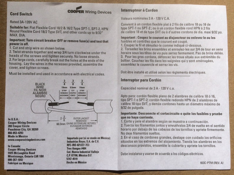 Puede incluir: Una hoja de instrucciones en blanco y negro para un interruptor de cord&oacute;n. La hoja incluye instrucciones en ingl&eacute;s, franc&eacute;s y espa&ntilde;ol. La hoja tambi&eacute;n incluye un diagrama del interruptor de cord&oacute;n y c&oacute;mo conectarlo.