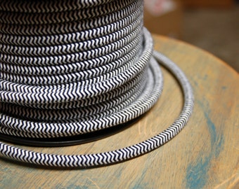 6 Feet: Zig Zag Black/White Cloth Covered 3-Wire Round Cord, Vintage Style Fabric Lamp Pulley Cord, For Hanging Pendants, Trouble Lights etc