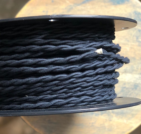 6 Feet: Cloth Covered 16 Gauge Twisted Wire - Black Cotton Thread, Vintage Style Fabric Lamp Cord, Hanging Pendants, Trouble Lights, flex