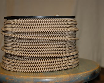 6 Feet Brown & Tan Cloth Covered 3-Wire Round Cord, Vintage Style Fabric Lamp Pulley Cord, For Hanging Pendants, Fans, Antique Lamps,