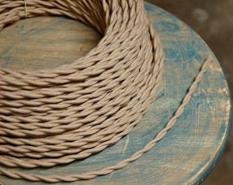 6 Feet: Tan / Beige Twisted Cloth Covered Wire, Vintage Style Cloth Lamp Cord, For Hanging Pendants, Trouble Lights etc