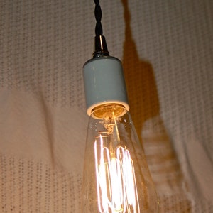 May include: A white ceramic pendant light fixture with a black braided cord and a clear glass Edison bulb with a filament.