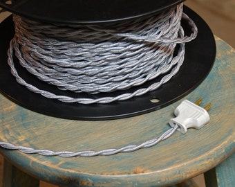 6 Feet: Silver Twisted Cloth Covered Wire, Vintage Style Cloth Lamp Cord, For Hanging Pendants, Trouble Lights etc