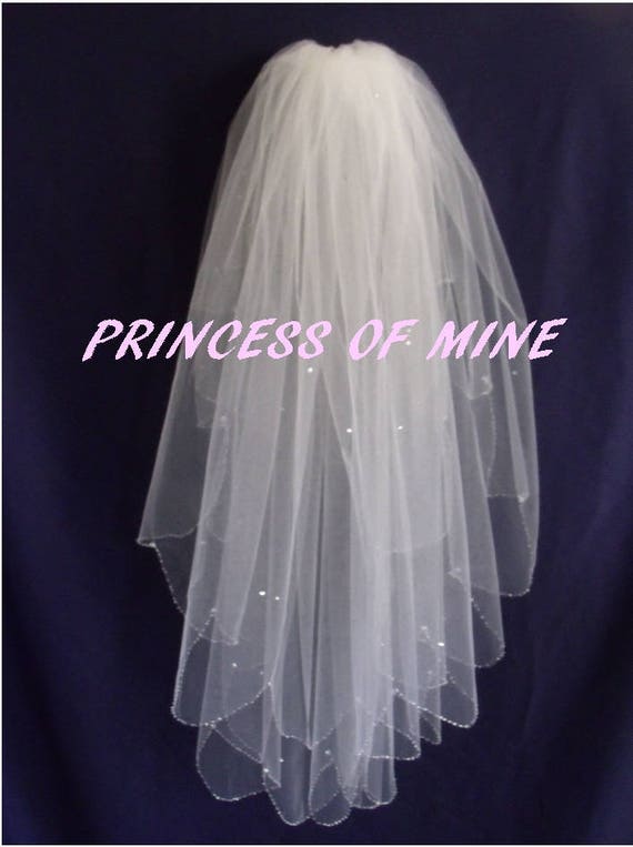 Ivory Elbow Length Beaded Edge Handmade 2 Tiers Bridal Wedding Veil White