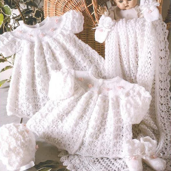 ensemble de baptême de bébé vintage, fil 3ply Pdf Pattern No 0450