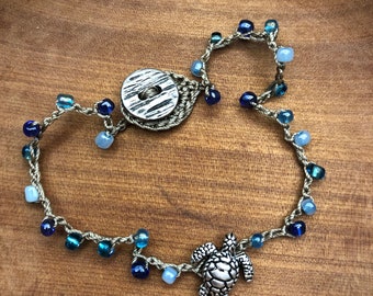 Blue Beaded ankle bracelet/anklet with turtle bead - free shipping in North America