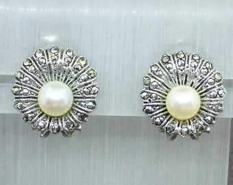 Silver, Marcasite and Pearl Clip Earrings