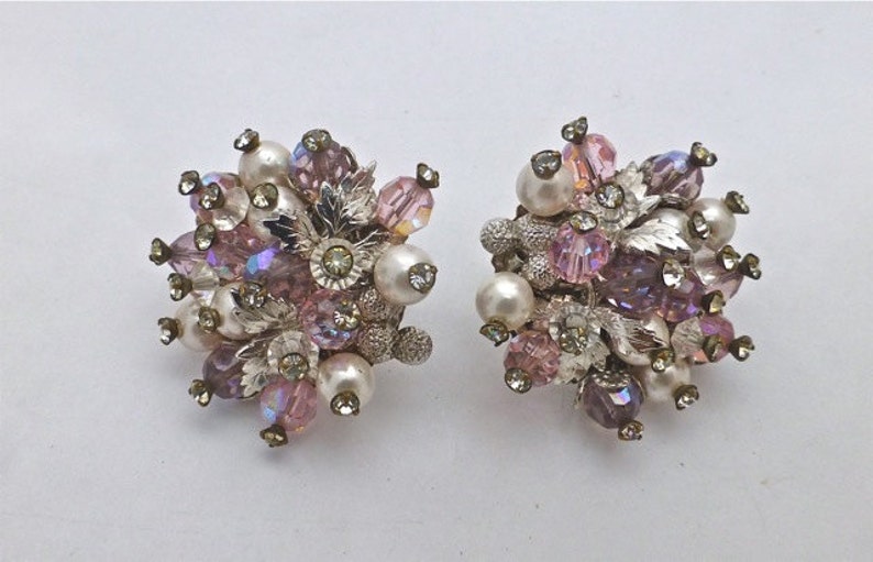 Trifari crystal cluster earrings with a touch of pink image 2