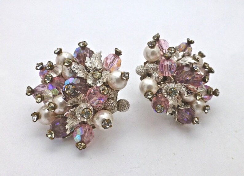 Trifari crystal cluster earrings with a touch of pink image 1