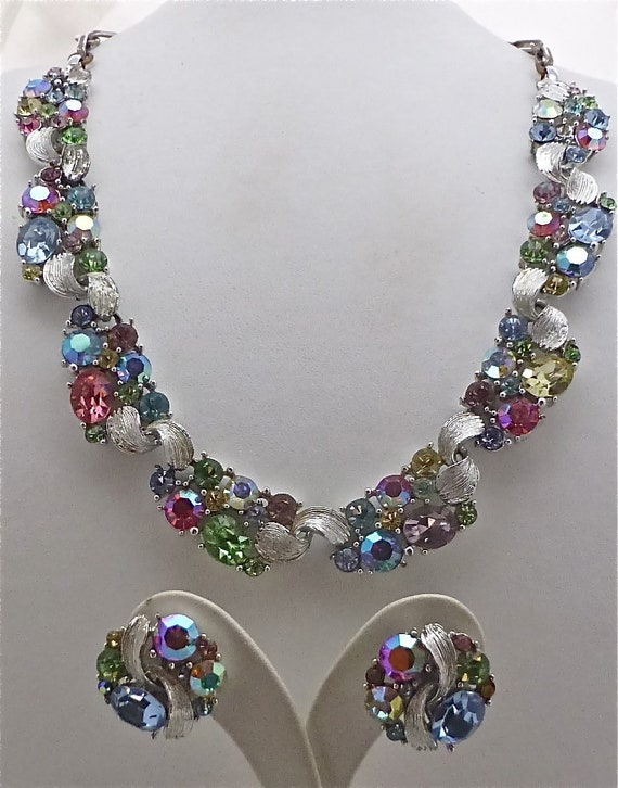 Lisner Pastel Crystal Necklace and Earrings - image 8