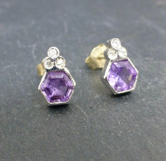 Amethyst and Diamond 9ct Gold Earrings