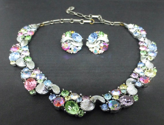 Lisner Pastel Crystal Necklace and Earrings - image 1